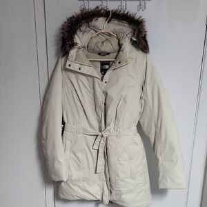 The North Face Women's Beige Parka with Faux Fur Hood Large size pre-owned.
